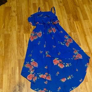 A gorgous blue dress with pink roses on it